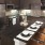a kitchen with black cabinets