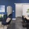 a living room with blue walls